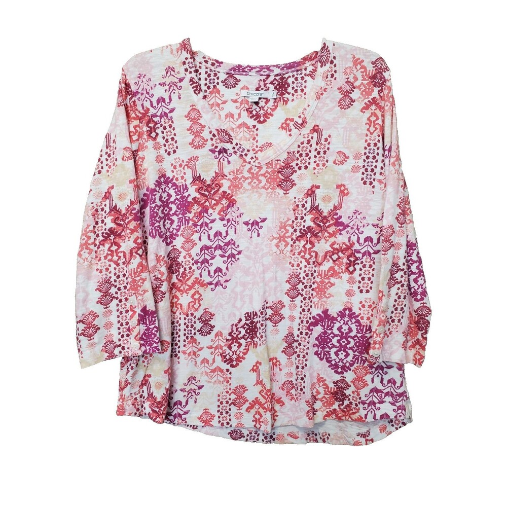 Chico's Slub Knit Block Print V-Neck 3/4 Sleeve T-Shirt Size 2 Large